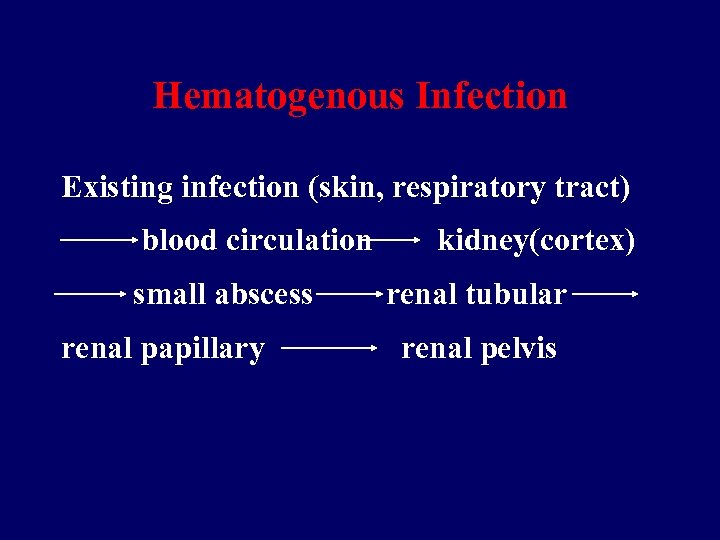 Hematogenous Infection Existing infection (skin, respiratory tract) blood circulation small abscess renal papillary kidney(cortex)