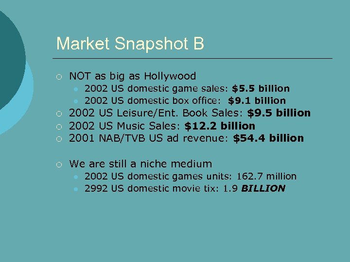 Market Snapshot B ¡ NOT as big as Hollywood l l 2002 US domestic