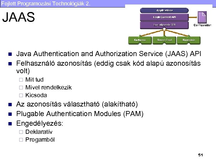 Fejlett Programozási Technológiák 2. JAAS n n Java Authentication and Authorization Service (JAAS) API