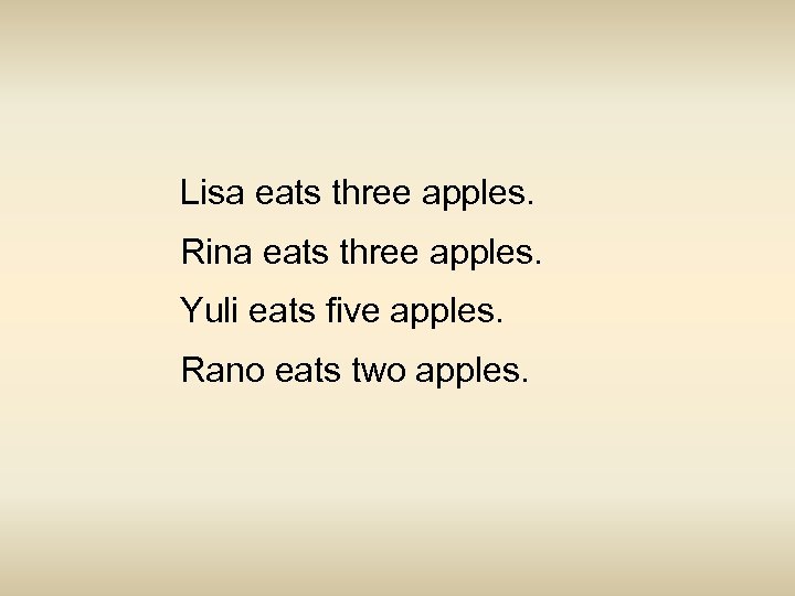 Lisa eats three apples. Rina eats three apples. Yuli eats five apples. Rano eats
