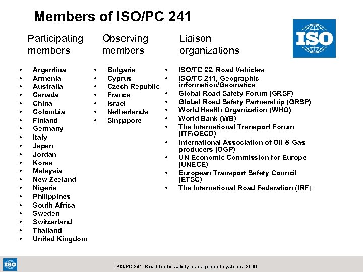 Members of ISO/PC 241 Participating members • • • • • • Argentina Armenia