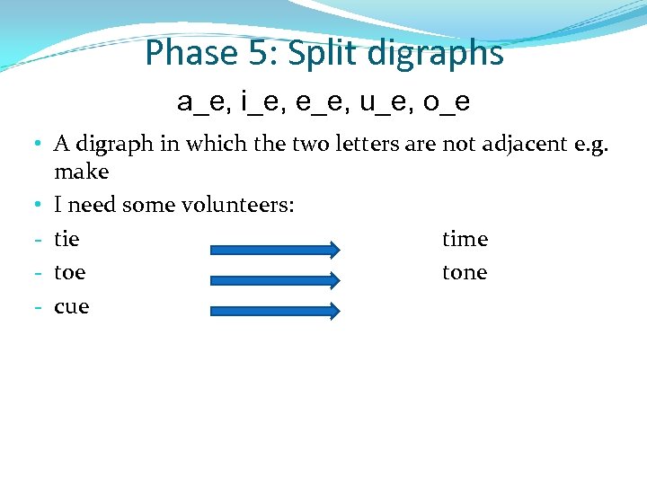 Phase 5: Split digraphs a_e, i_e, e_e, u_e, o_e • A digraph in which
