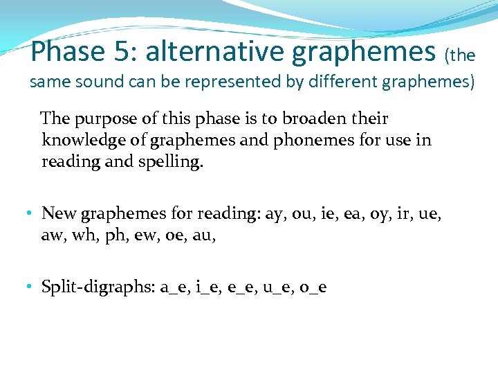 Phase 5: alternative graphemes (the same sound can be represented by different graphemes) The