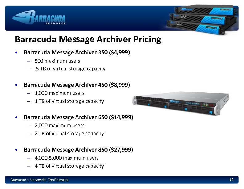 Barracuda Message Archiver Pricing • Barracuda Message Archiver 350 ($4, 999) – 500 maximum