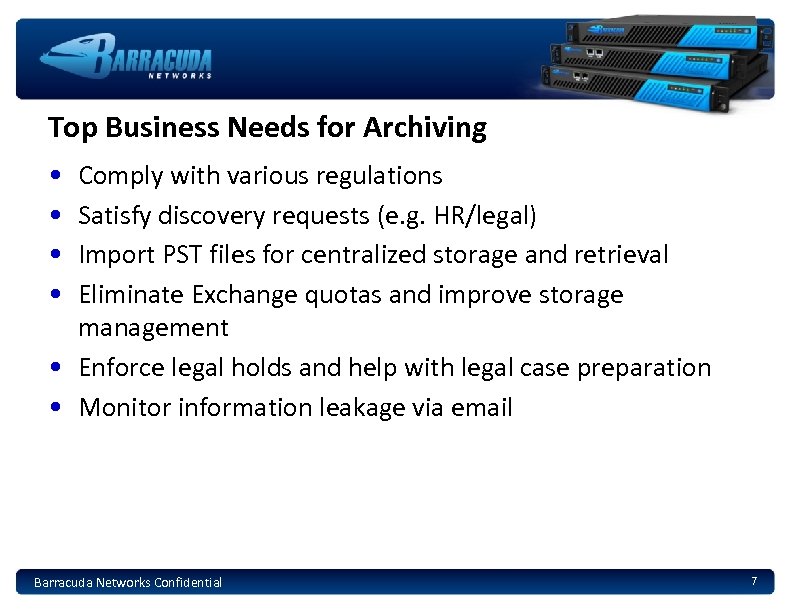 Top Business Needs for Archiving • • Comply with various regulations Satisfy discovery requests