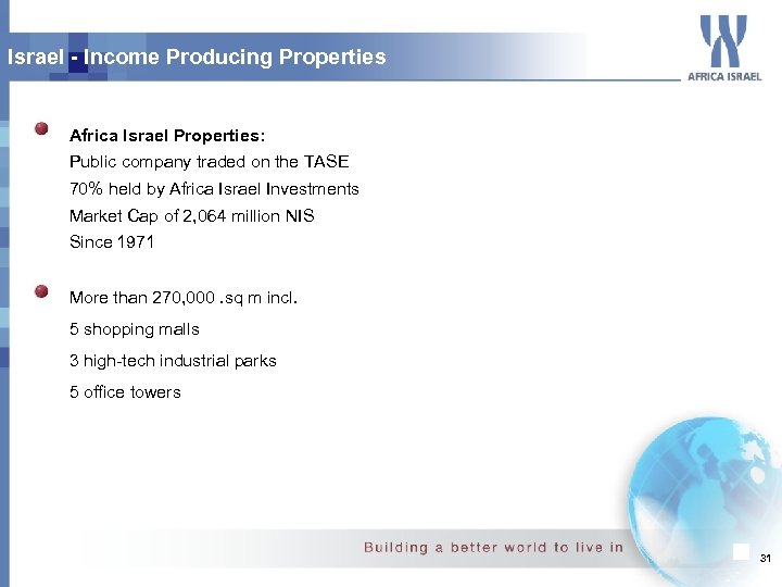 Israel - Income Producing Properties Africa Israel Properties: Public company traded on the TASE