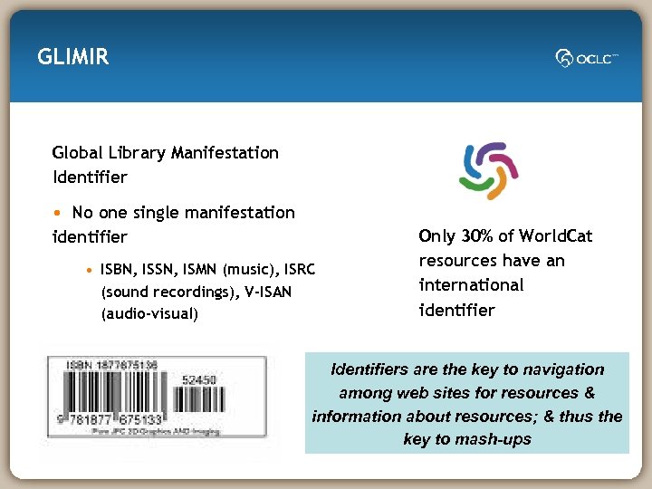 GLIMIR Global Library Manifestation Identifier • No one single manifestation identifier • ISBN, ISSN,