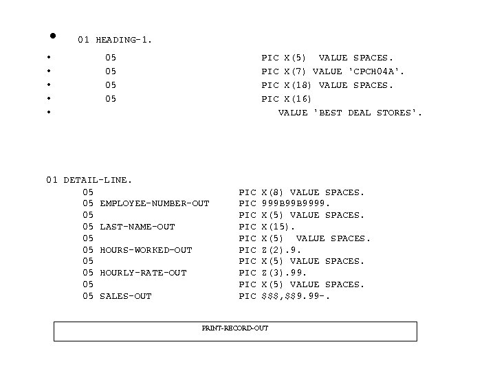  • • • 01 HEADING-1. 05 05 PIC PIC X(5) VALUE SPACES. X(7)