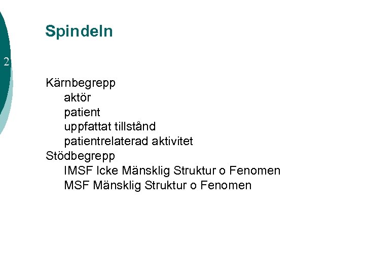 Spindeln 2 Kärnbegrepp aktör patient uppfattat tillstånd patientrelaterad aktivitet Stödbegrepp IMSF Icke Mänsklig Struktur