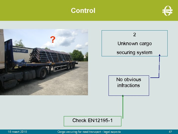 Control 2 ? Unknown cargo securing system No obvious infractions Check EN 12195 -1