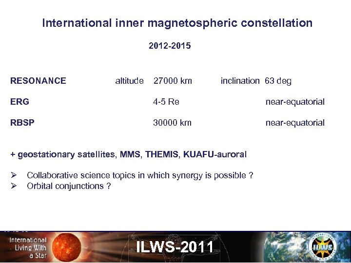 International inner magnetospheric constellation 2012 -2015 RESONANCE altitude 27000 km inclination 63 deg ERG