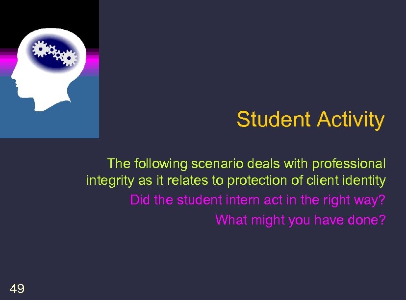 Student Activity The following scenario deals with professional integrity as it relates to protection