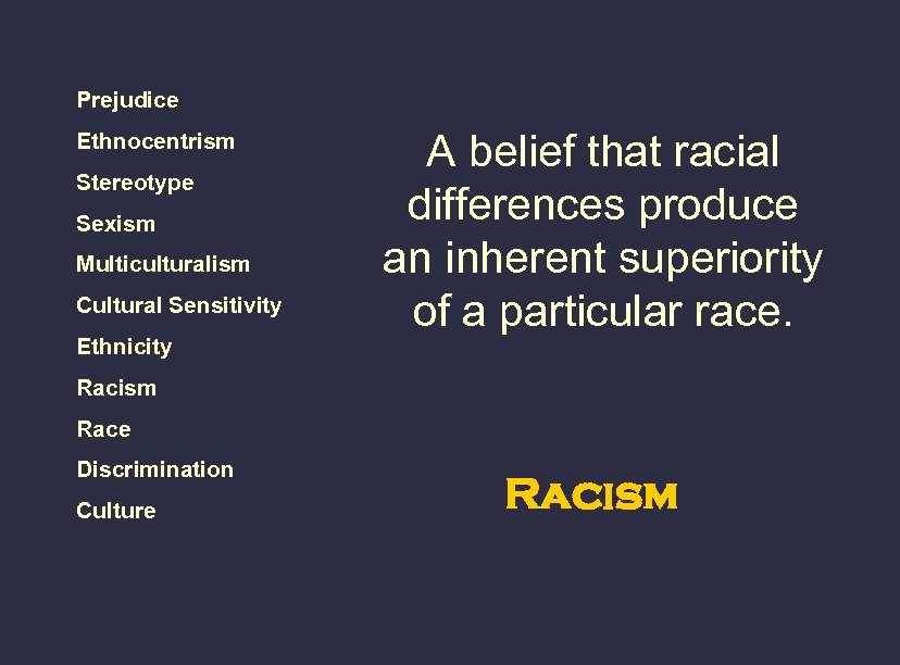 Prejudice Ethnocentrism Stereotype Sexism Multiculturalism Cultural Sensitivity Ethnicity A belief that racial differences produce