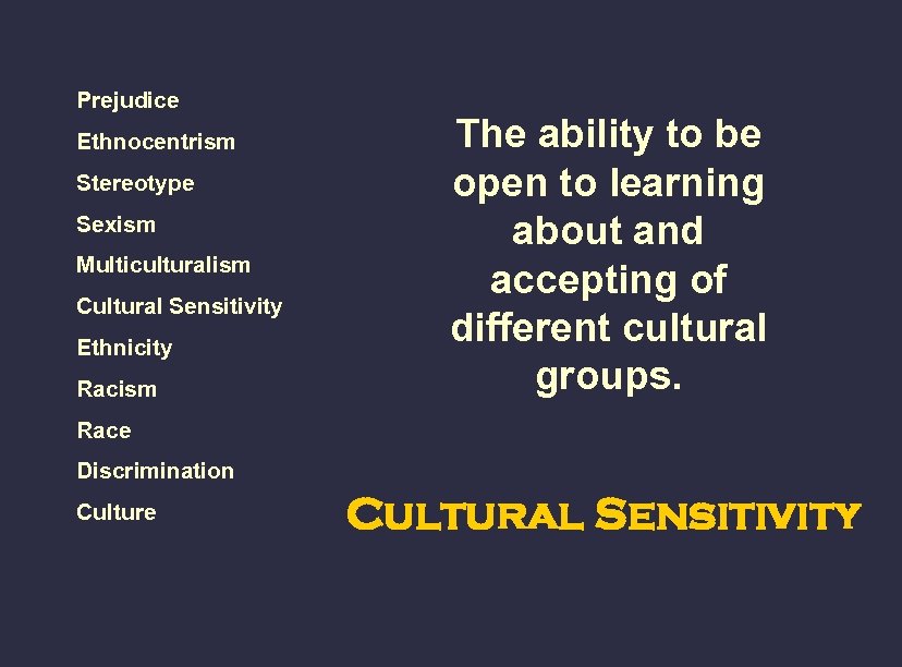Prejudice Ethnocentrism Stereotype Sexism Multiculturalism Cultural Sensitivity Ethnicity Racism The ability to be open