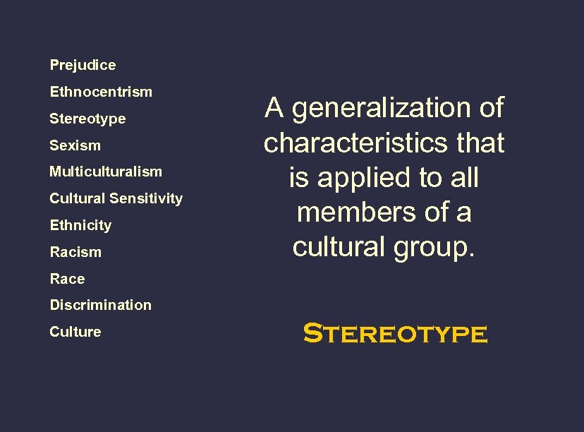 Prejudice Ethnocentrism Stereotype Sexism Multiculturalism Cultural Sensitivity Ethnicity Racism A generalization of characteristics that