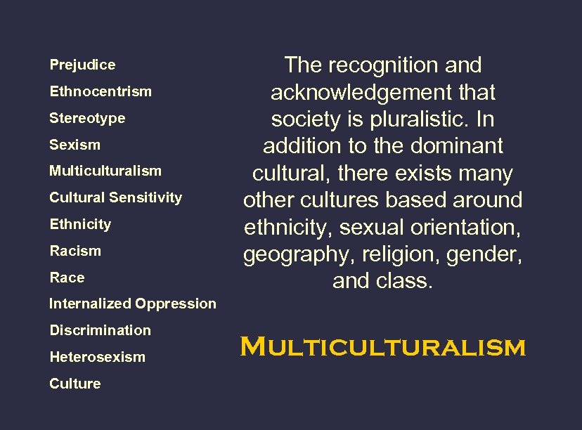 Prejudice Ethnocentrism Stereotype Sexism Multiculturalism Cultural Sensitivity Ethnicity Racism Race The recognition and acknowledgement