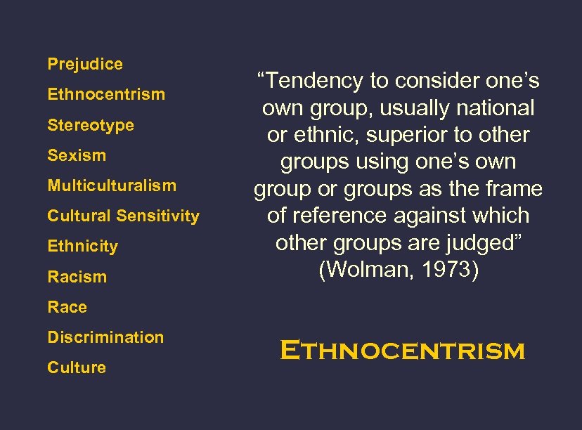 Prejudice Ethnocentrism Stereotype Sexism Multiculturalism Cultural Sensitivity Ethnicity Racism “Tendency to consider one’s own
