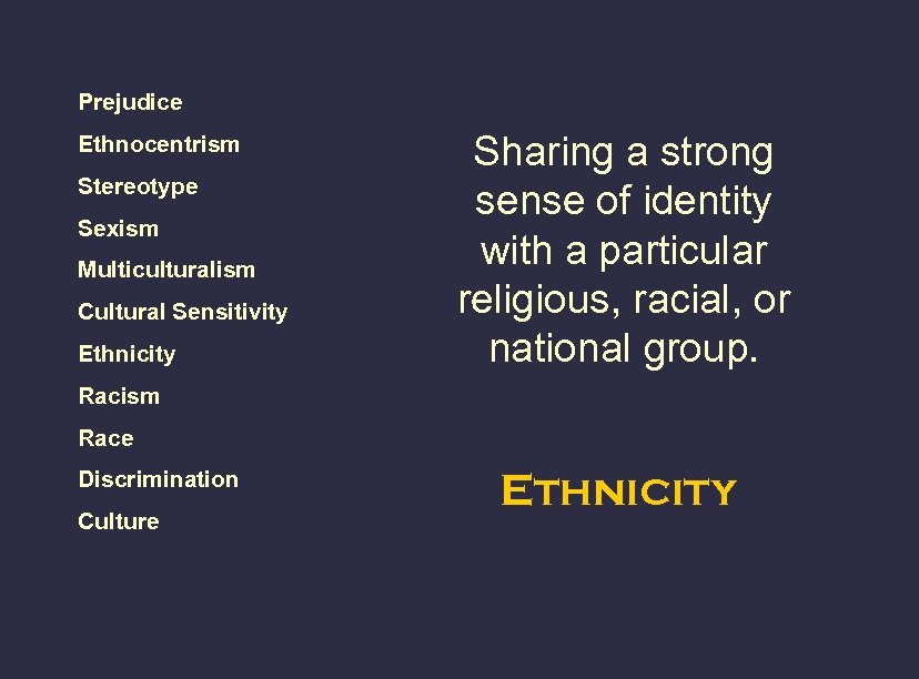 Prejudice Ethnocentrism Stereotype Sexism Multiculturalism Cultural Sensitivity Ethnicity Sharing a strong sense of identity