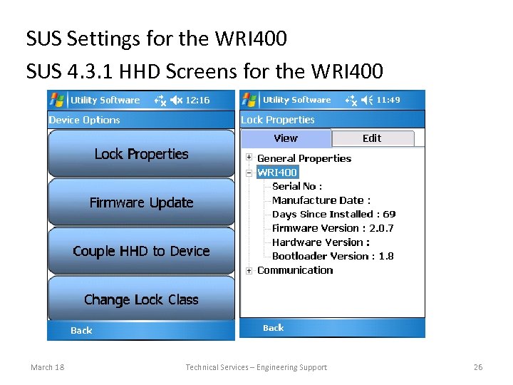 SUS Settings for the WRI 400 SUS 4. 3. 1 HHD Screens for the