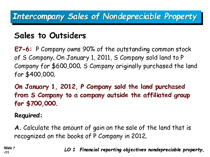 Intercompany Sales of Nondepreciable Property Sales to Outsiders E 7 -6: P Company owns