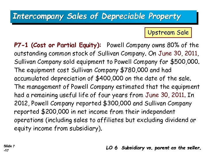 Intercompany Sales of Depreciable Property Upstream Sale P 7 -1 (Cost or Partial Equity):