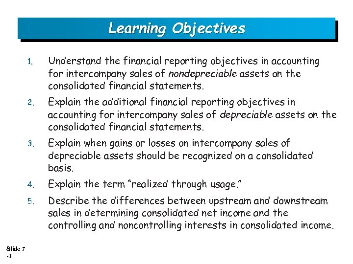 Learning Objectives 1. 2. Explain the additional financial reporting objectives in accounting for intercompany