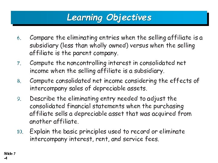 Learning Objectives 6. 7. Compute the noncontrolling interest in consolidated net income when the