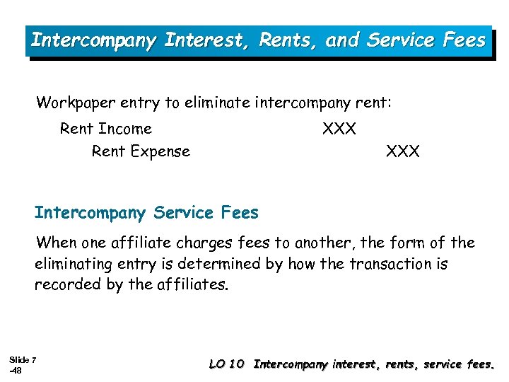 Intercompany Interest, Rents, and Service Fees Workpaper entry to eliminate intercompany rent: Rent Income