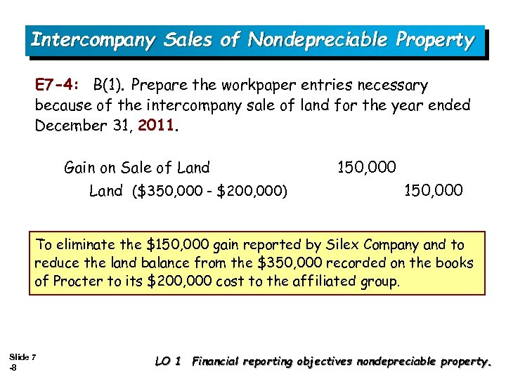 Intercompany Sales of Nondepreciable Property E 7 -4: B(1). Prepare the workpaper entries necessary