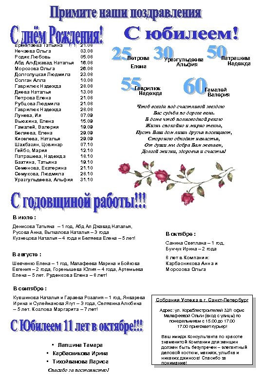 Ермолаева Татьяна Нечаева Ольга Родик Любовь Абд Ал-Джавад Наталья Морозова Ольга Долголуцкая Людмила Солган