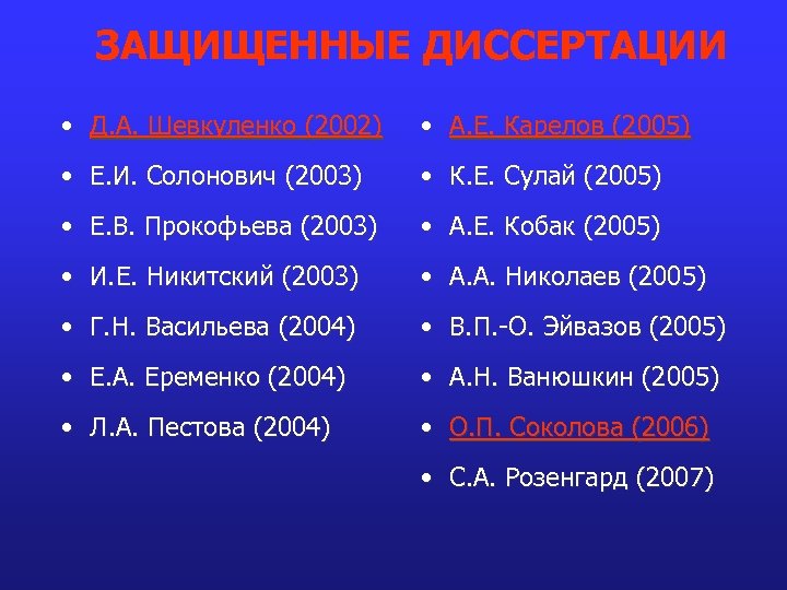 ЗАЩИЩЕННЫЕ ДИССЕРТАЦИИ • Д. А. Шевкуленко (2002) • А. Е. Карелов (2005) • Е.