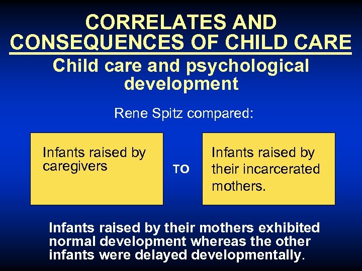 CORRELATES AND CONSEQUENCES OF CHILD CARE Child care and psychological development Rene Spitz compared:
