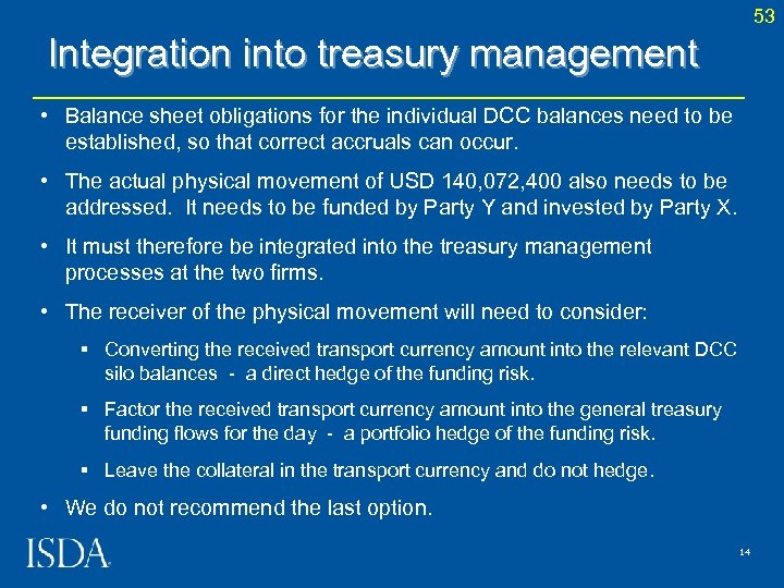 53 Integration into treasury management • Balance sheet obligations for the individual DCC balances