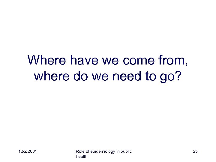 Where have we come from, where do we need to go? 12/2/2001 Role of