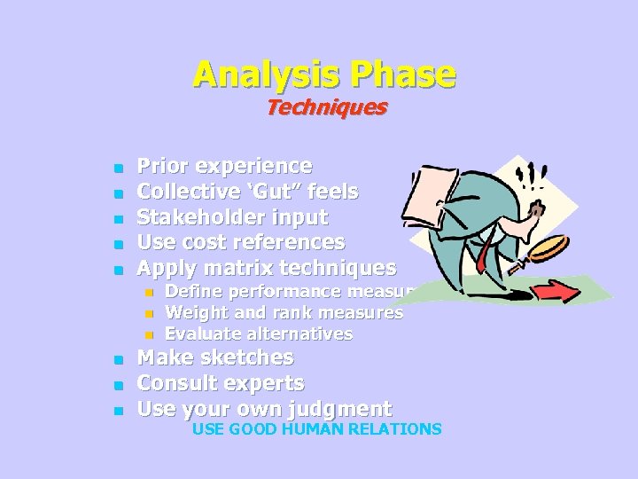 Analysis Phase Techniques n n n Prior experience Collective ‘Gut” feels Stakeholder input Use