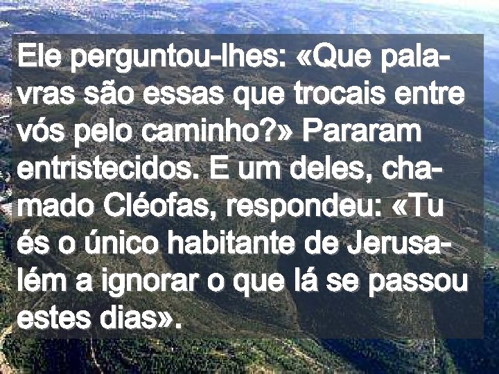 Ele perguntou-lhes: «Que palavras são essas que trocais entre vós pelo caminho? » Pararam