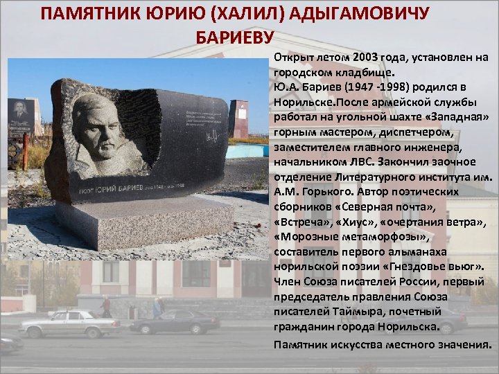 ПАМЯТНИК ЮРИЮ (ХАЛИЛ) АДЫГАМОВИЧУ БАРИЕВУ Открыт летом 2003 года, установлен на городском кладбище. Ю.