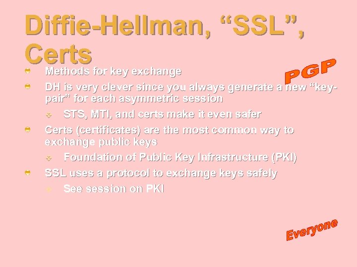 Diffie-Hellman, “SSL”, Certsfor key exchange Methods DH is very clever since you always generate