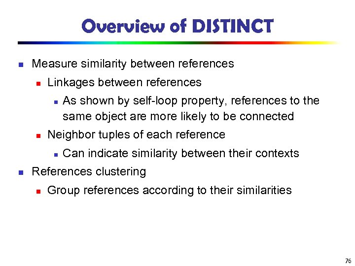 Overview of DISTINCT n Measure similarity between references n Linkages between references n n