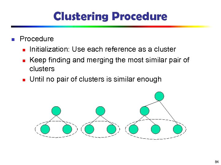 Clustering Procedure n Initialization: Use each reference as a cluster n Keep finding and