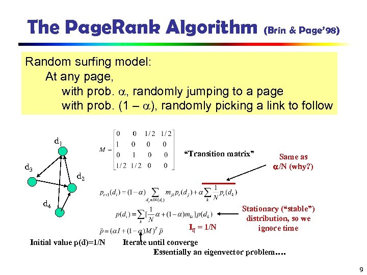The Page. Rank Algorithm (Brin & Page’ 98) Random surfing model: At any page,