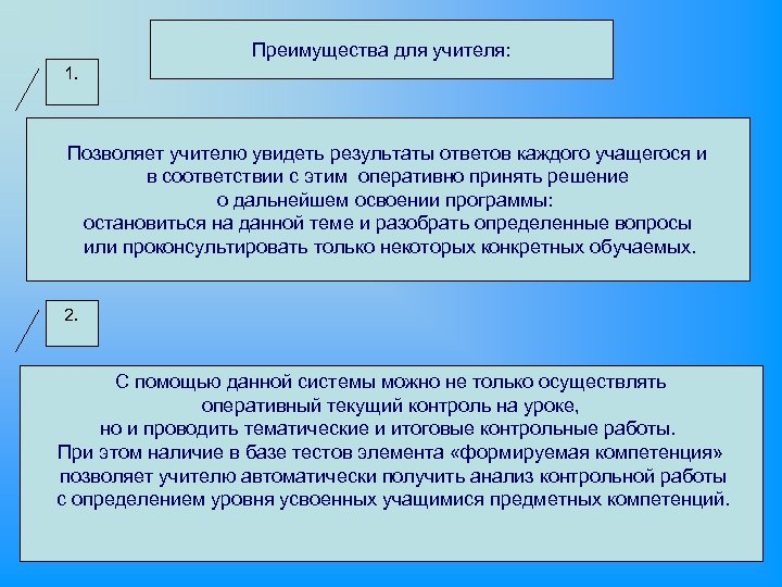 Преимущества для учителя: 1. Позволяет учителю увидеть результаты ответов каждого учащегося и в соответствии