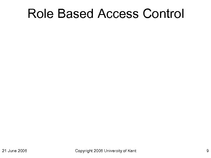 Role Based Access Control 21 June 2006 Copyright 2006 University of Kent 9 