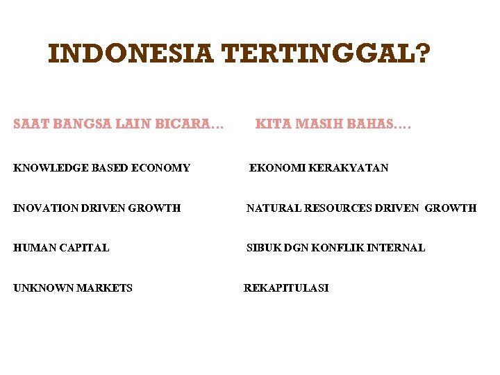 INDONESIA TERTINGGAL? SAAT BANGSA LAIN BICARA… KITA MASIH BAHAS…. KNOWLEDGE BASED ECONOMY EKONOMI KERAKYATAN
