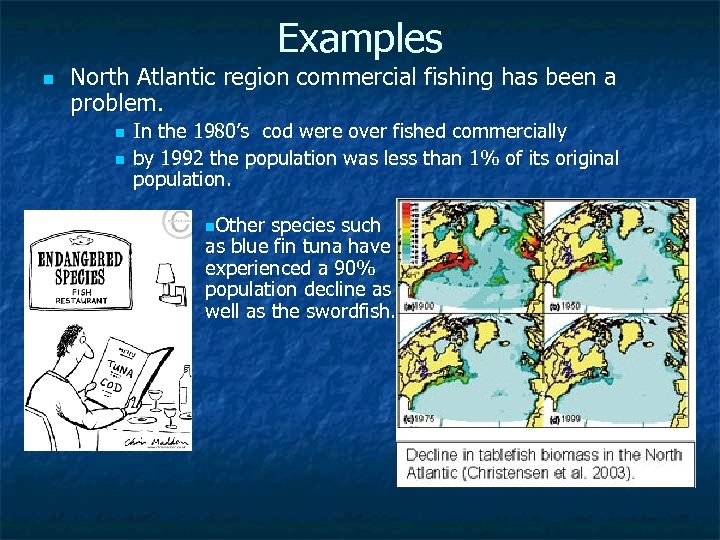 Examples n North Atlantic region commercial fishing has been a problem. n n In