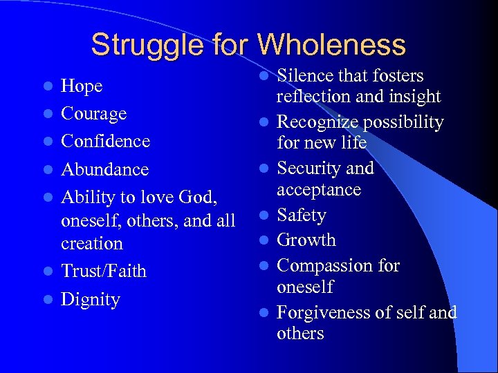 Struggle for Wholeness l l l l Hope Courage Confidence Abundance Ability to love