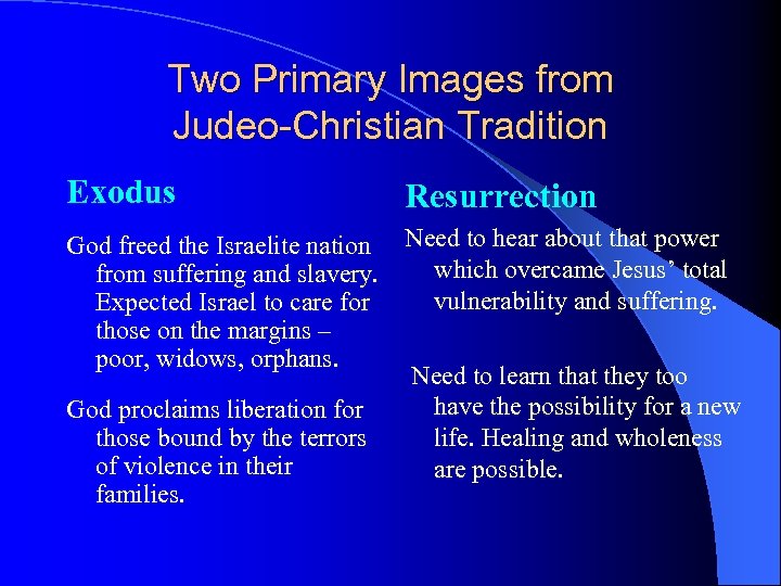 Two Primary Images from Judeo-Christian Tradition Exodus Resurrection God freed the Israelite nation Need