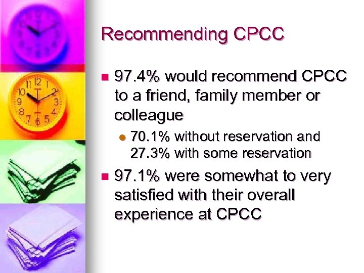 Recommending CPCC n 97. 4% would recommend CPCC to a friend, family member or