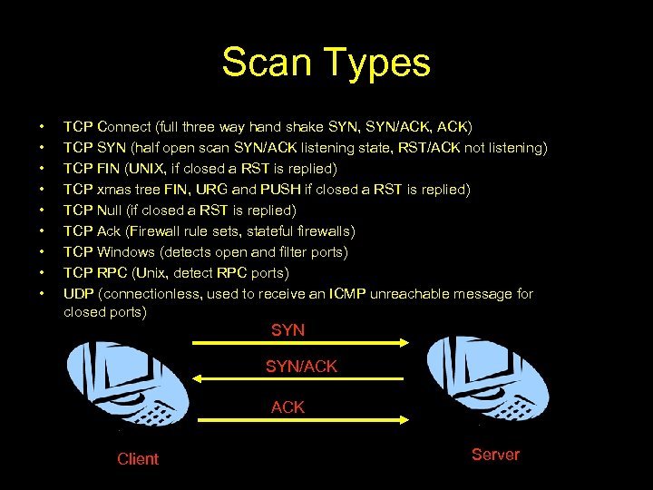 Scan Types • • • TCP Connect (full three way hand shake SYN, SYN/ACK,