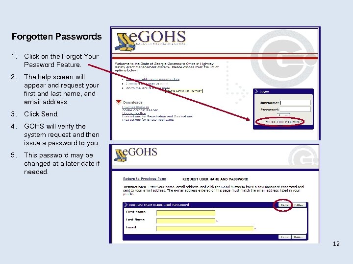 Forgotten Passwords 1. Click on the Forgot Your Password Feature. 2. The help screen